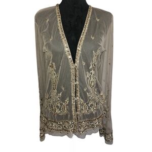 Vintage Spiegel Y2K Embellished Sheer Beige Lace Beaded Cardigan Size M